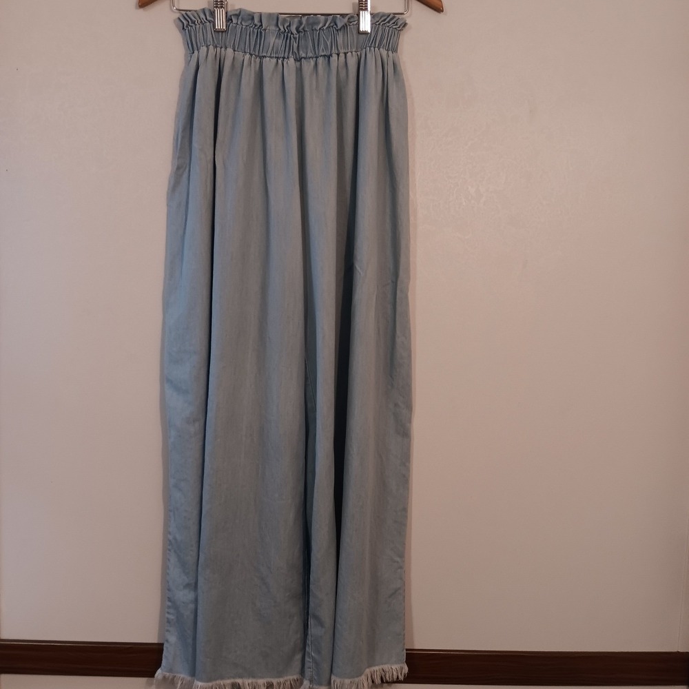 En Creme Blue Tencel Cotton‎ Wide Leg Pants Frayed Hem Elastic Waist Small